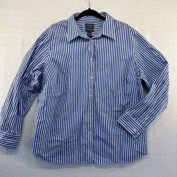 Chaps Classics Blouse Women 2X No Iron Blue White Narrow Striped Button Up Shirt - Picture 1 of 11